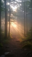 Obraz premium Sunbeams lighting foggy forest path at sunrise