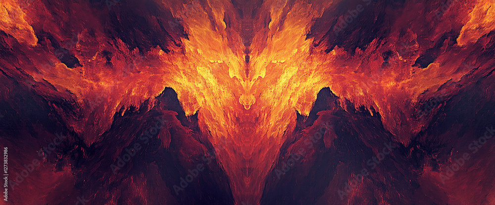 Poster Abstract fiery texture with vibrant orange and yellow tones creating a symmetrical pattern, resembling molten lava or a fiery explosion, symbolizing power and energy.