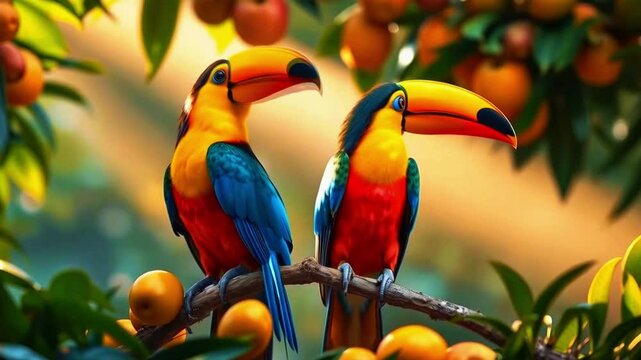  vibrant toucans with yellow, orange, blue, and green plumage, perched on a branch amongst lush foliage