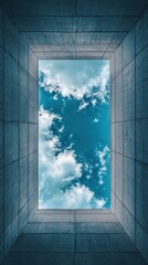 Clouds drift slowly in a serene blue sky framed by tall concrete walls during the day