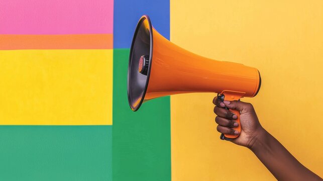 In this image, a hand clutches an orange megaphone set against a rainbow flag, signifying activism and pride