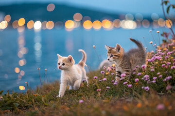 Playful kittens exploring flower filled meadow by water edge