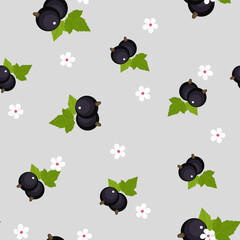 Obraz premium Black currant isolated on a light gray background. Seamless pattern. Berries, green leaves and white flowers in the flat style. Background for paper, gift wrap, textile, wallpaper.