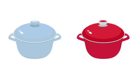 Pot with lid. Two pots closed with lids isolated on a white background. Vector illustration in flat style. Colored icon of kitchen utensils, dishes.