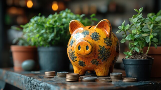A piggy bank beside a savings tracker showing steady growth, with coins scattered on the table, symbolizing financial progress and smart saving habits.