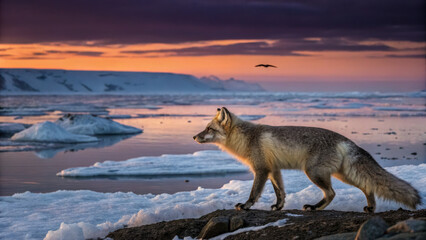 Fototapeta premium Arctic fox walking on icy shore at sunset, showcasing nature beauty