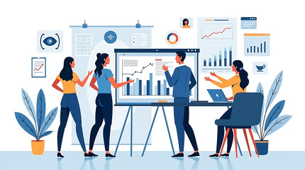 Flat Vector Illustration of a Diverse Business Team Collaborating in a Modern Office Meeting