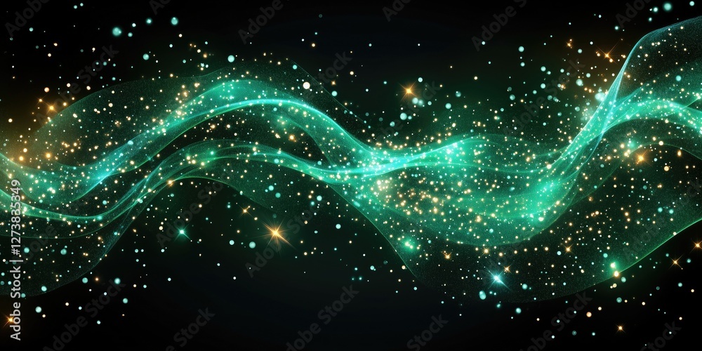 Poster ethereal green abstract background with shimmering lights and sparkling particles, creating a sense 