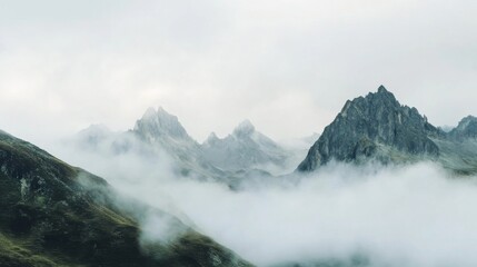 Misty Mountain Peaks, Scenic Landscape, Tranquil Nature, Ideal for Backgrounds