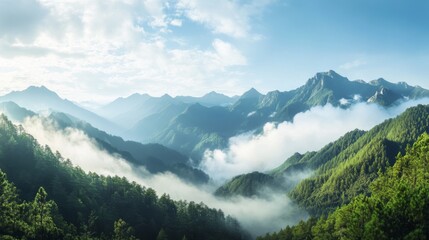 Fototapeta premium Misty Mountain Range Panorama at Dawn