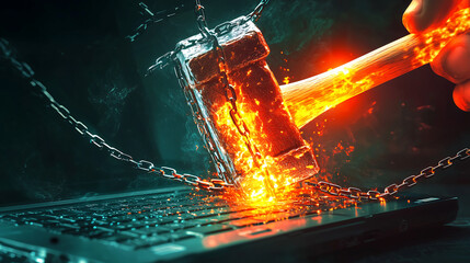 Cybersecurity breach concept featuring a fiery gavel smashing a chained laptop, symbolizing ransomware attack, online privacy, digital security, legal justice, and internet crime protection