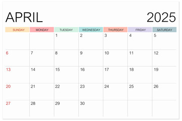 Calendar April 2025 page isolated on white background, Save clipping path.