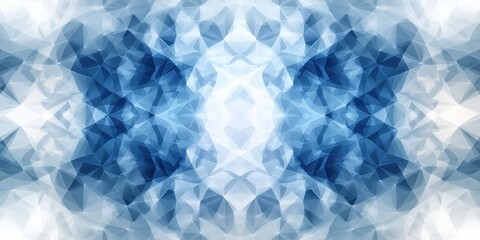 Captivating low-angle shot of a mesmerizing blue and white geometric pattern; meticulously arranged symmetrical triangles weave into an intricate masterpiece