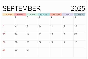 Calendar September 2025 page isolated on white background, Save clipping path.