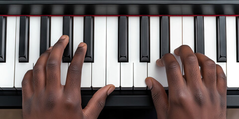 Dark Brown Hands Playing a Piano Keyboard