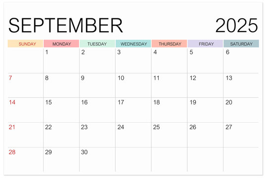 Calendar September 2025 page isolated on white background, Save clipping path.