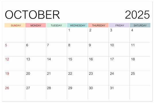 Calendar October 2025 page isolated on white background, Save clipping path.