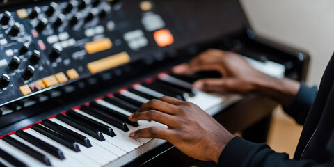 Obraz premium Person Playing Keyboard with Synthesizer Module