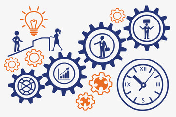  Business icons, teamwork symbols, corporate concepts, blue and orange color scheme, minimalist design, professional infographic elements, gears, people silhouettes, lightbulbs, puzzle pieces, prese