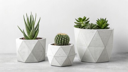 Obraz premium DIY Cement Flower Pots. Three geometric planters with succulents and cacti on a light background.