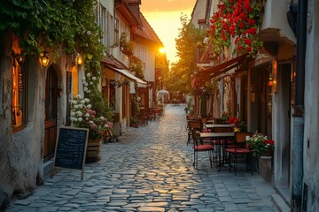 Fototapeta premium Cobblestone street with restaurants and flowers at sunset in szentendre, hungary