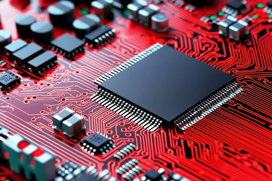 A robust processor or chip mounted on a motherboard. Modern technologies. Red background. Modern electronics production