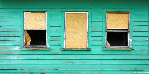 Three Boarded Windows in Teal House