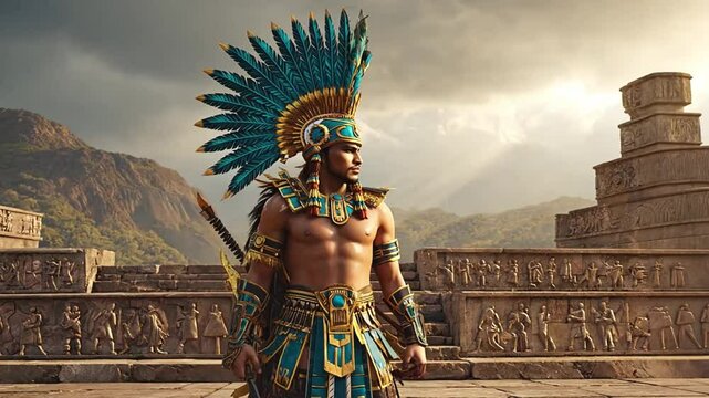 Aztec warrior in colorful feather costume