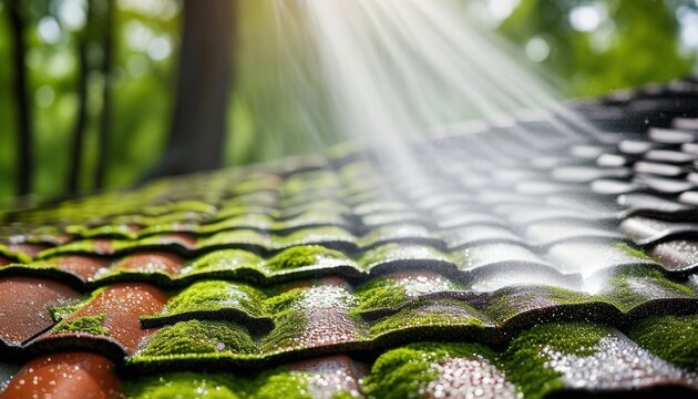 La limpieza de tejas cubiertas de musgo bajo la luz del sol en un entorno natural