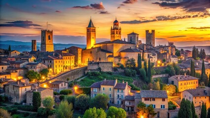 Fototapeta premium Panoramic view of medieval town with towers at dusk, medieval, twilight, medieval, twilight