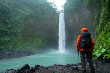 Obraz premium Hiker wearing orange jacket contemplating majestic waterfall in tropical rainforest
