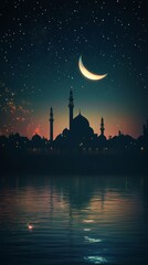 Fototapeta premium night under stars and moonlight. Mosque. Ramadhan scenery at night