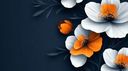 Fototapeta premium Harmonious Bloom: An abstract floral arrangement with vibrant white and orange paper flowers, interwoven with dark blue leaves, creating a serene and elegant appearance