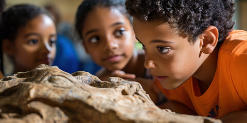 Children Examining Fossilized Bone in Museum