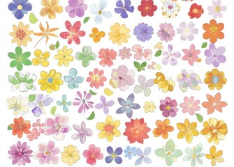 A collection of retro groovy pastel flowers in modern flat design with transparent backgrounds