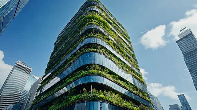 Vertical Garden Oasis: An architectural marvel blends nature and urban design, featuring a modern skyscraper enveloped in vibrant green vertical gardens that extend towards a bright blue sky