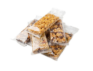 Nut Bar in Plastic Package Isolated, Energy Snack with Nuts, Muesli, Protein Candy Bar, Fitness Fruit