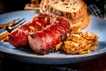 Fried sausage with onions.