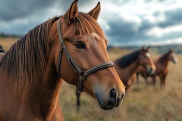 Obraz premium Majestic brown horse grazing in open field