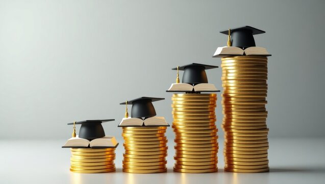 Rising cost of education illustrated by golden coins bar chart