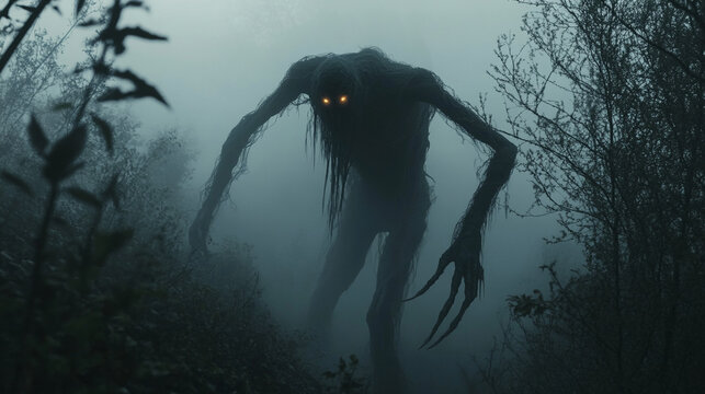 A dark, eerie creature with glowing eyes and long, twisted limbs emerges from a foggy forest, symbolizing terror, the supernatural, and the unknown.