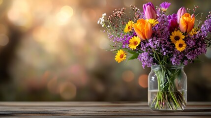 A Stunning Arrangement of Fresh Flowers in a Beautiful Vase on a Table Captivates the Essence of Nature's Blessings and Adds Life to Any Room