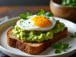 Whole grain toast with mashed avocado and fried egg, healthy lifestyle, easy recipes