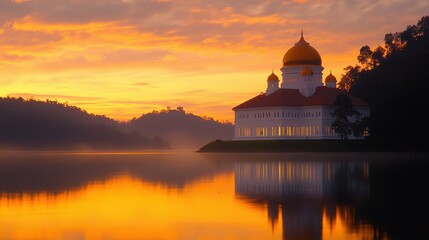 Fototapeta premium Serene Sunrise Reflection of a Majestic Building by the Lake