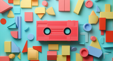  Abstract Background with Colorful Geometric Shapes Featuring a Red Plastic Block Audio Cassette Player in Pastel Colors, Designed in a Playful Animation Style