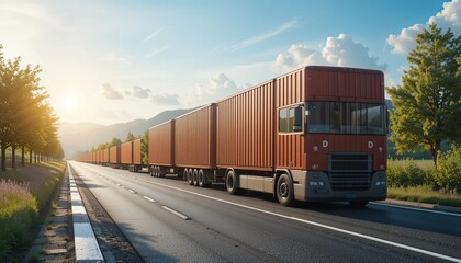 Obraz premium Transport trucks on highway scenic landscape gigapixel cgi daylight view