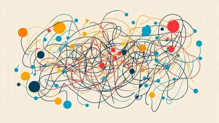 Abstract colorful tangled lines and dots on beige background.