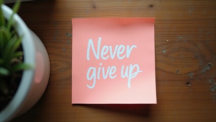 Never give up message, pink sticky note on table, motivational handwritten quotes	
