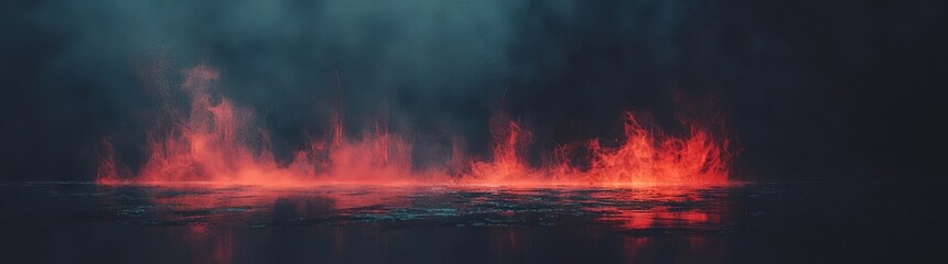 The abstract futuristic background is characterized by glowing neon lights in red and blue, which create a modern high-tech ambiance