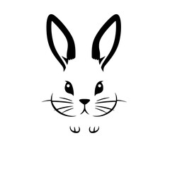 Minimalist Black and White Rabbit Face: Graphic Bunny Illustration on White Background.